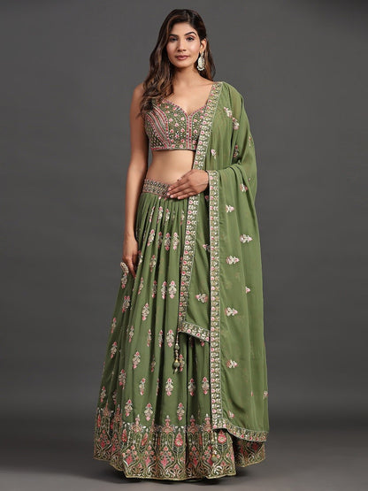 Model posing in Elegant Green Georgette Party Look Lehenga Choli, demonstrating the stylish and graceful fit.