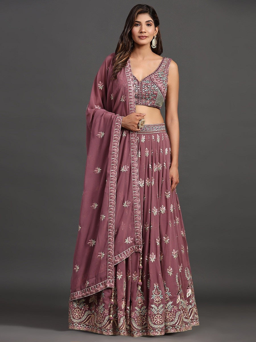 Model posing in Elegant Lavender Georgette Party Look Lehenga Choli, demonstrating the stylish and graceful fit.