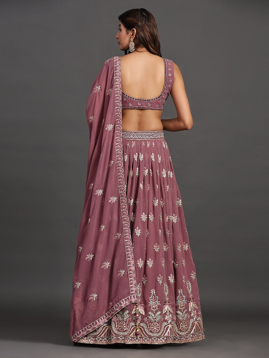 Model posing in Elegant Lavender Georgette Party Look Lehenga Choli, demonstrating the stylish and graceful fit.