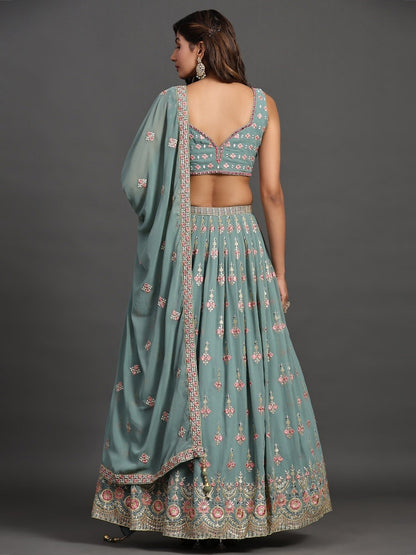 Model posing in Elegant Sea Green Georgette Party Look Lehenga Choli, demonstrating the stylish and graceful fit.