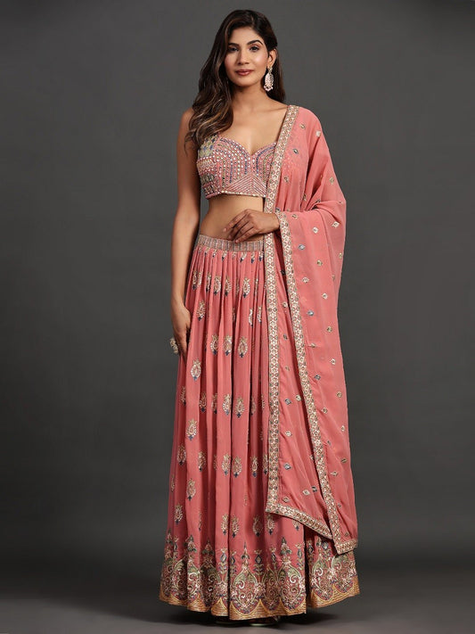 Model posing in Elegant Pink Georgette Party Look Lehenga Choli, demonstrating the stylish and graceful fit.