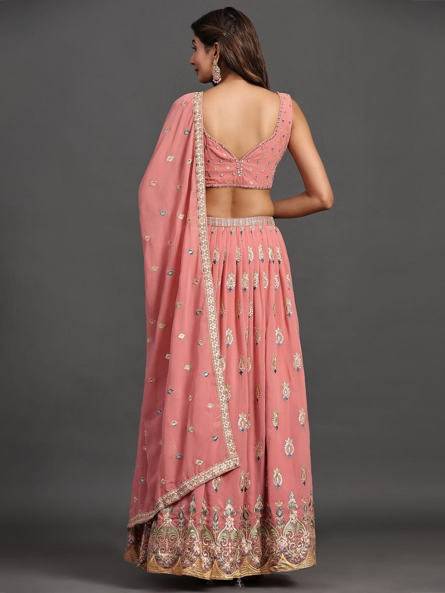 Model posing in Elegant Pink Georgette Party Look Lehenga Choli, demonstrating the stylish and graceful fit.