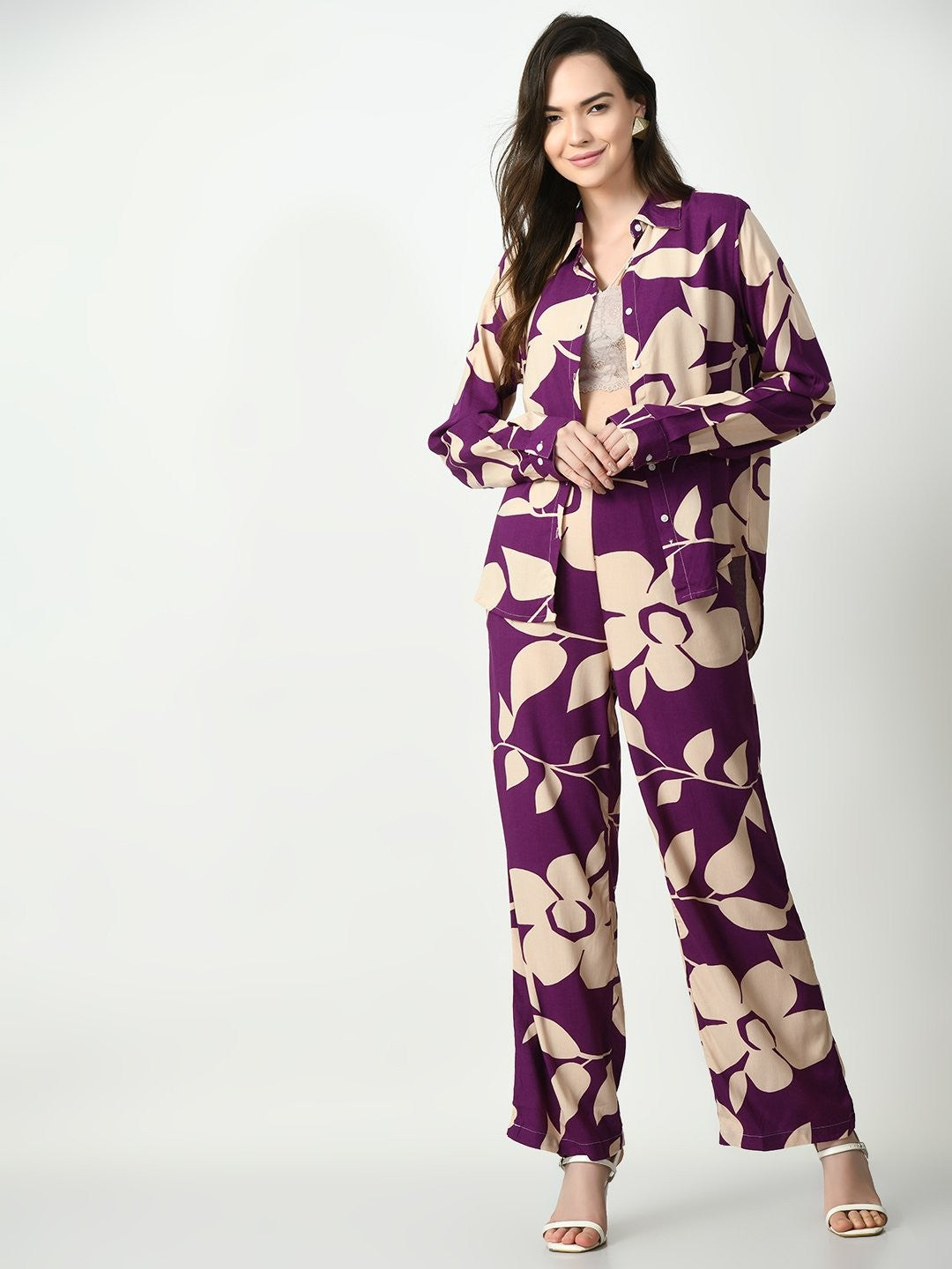 Classic Purple Shirt and Trousers Cotton Co-Ord set for Women Desi Soul