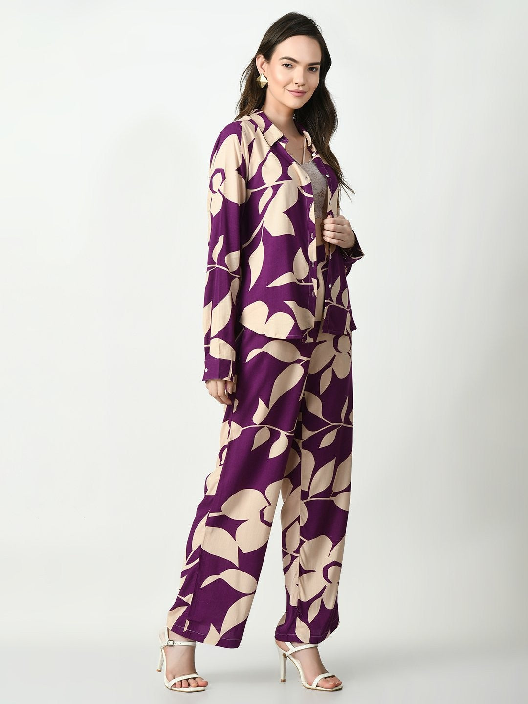 Classic Purple Shirt and Trousers Cotton Co-Ord set for Women Desi Soul