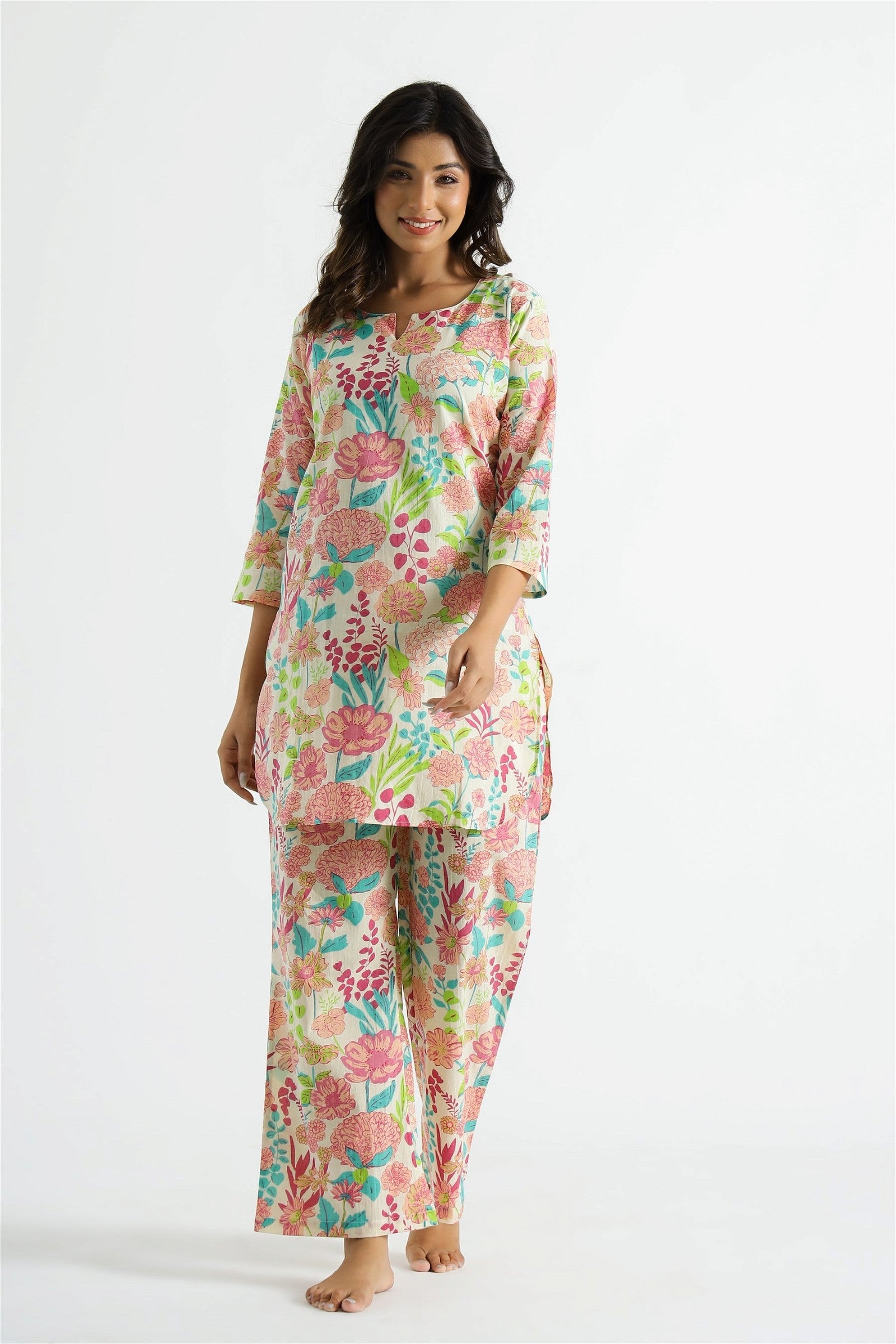 Model posing in Stylish Digital Floral Printed Designer Women Co-ord Set, demonstrating the elegant and trendy look.