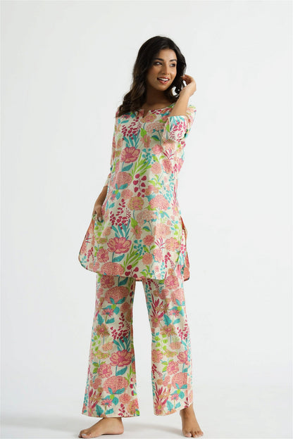 Model posing in Stylish Digital Floral Printed Designer Women Co-ord Set, demonstrating the elegant and trendy look.