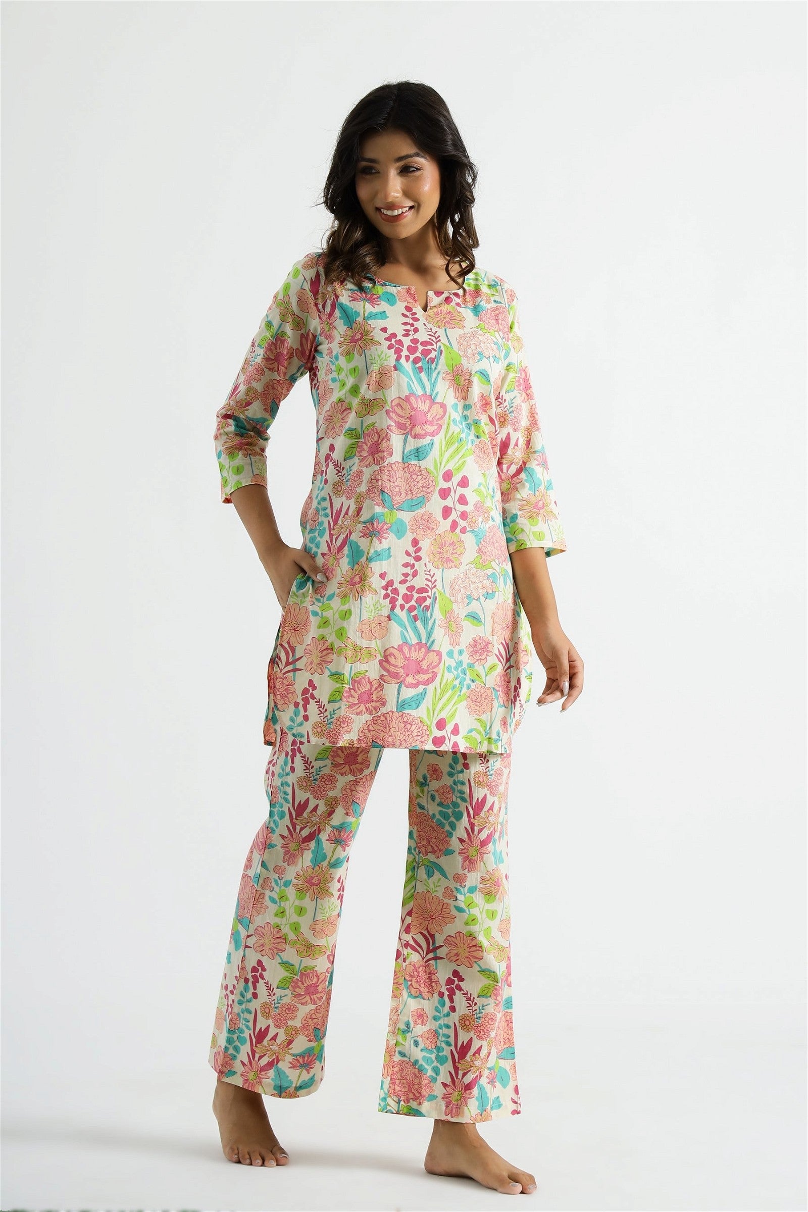 Model posing in Stylish Digital Floral Printed Designer Women Co-ord Set, demonstrating the elegant and trendy look.