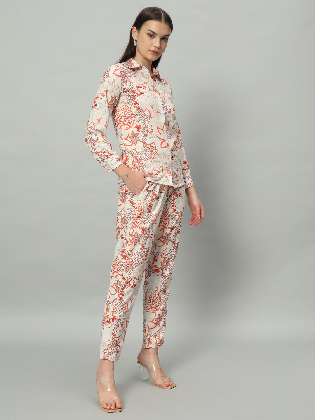 Model posing in Stylish Designer Floral Printed Two Piece Co-ord Set, demonstrating the elegant and trendy look.