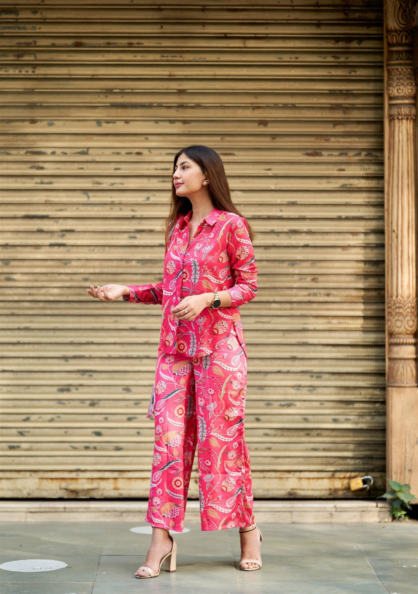 Woman wearing Beautiful and Simple Pink Co-ord Set for Women, showcasing the elegant and minimalist design.