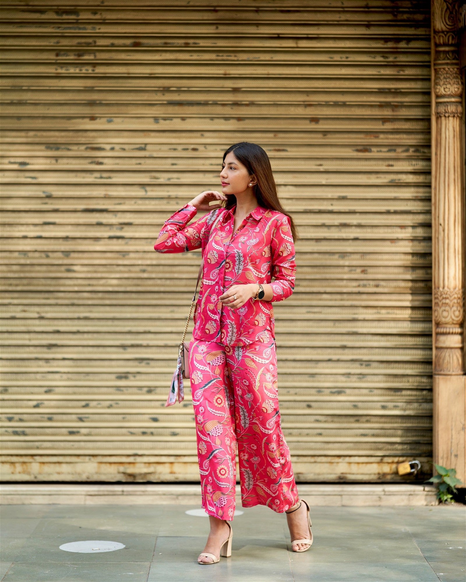 Woman wearing Beautiful and Simple Pink Co-ord Set for Women, showcasing the elegant and minimalist design.