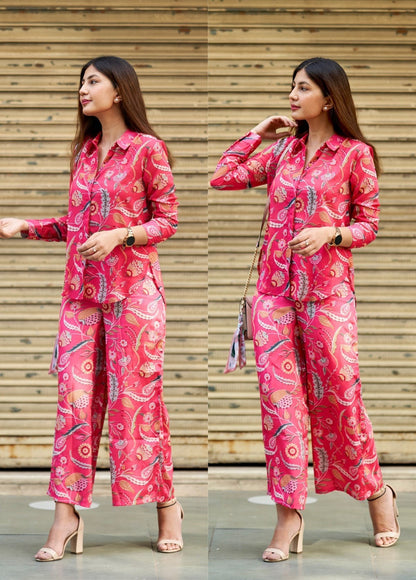 Woman wearing Beautiful and Simple Pink Co-ord Set for Women, showcasing the elegant and minimalist design.