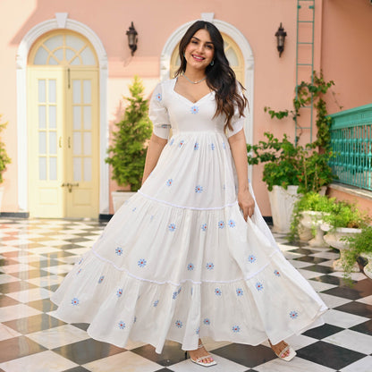 Model posing in Floral Print Embroidered Flaired Gown with Round Flair, demonstrating the flattering fit.