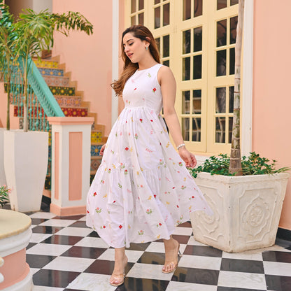 Model posing in Floral Print Flaired Gown with Round Flair, demonstrating the flattering fit.