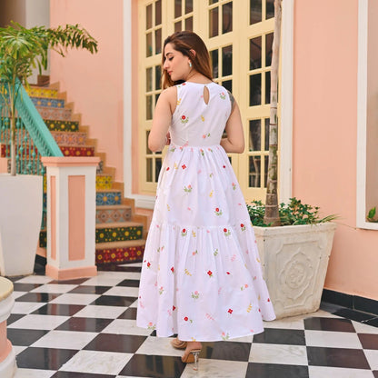 Model posing in Floral Print Flaired Gown with Round Flair, demonstrating the flattering fit.