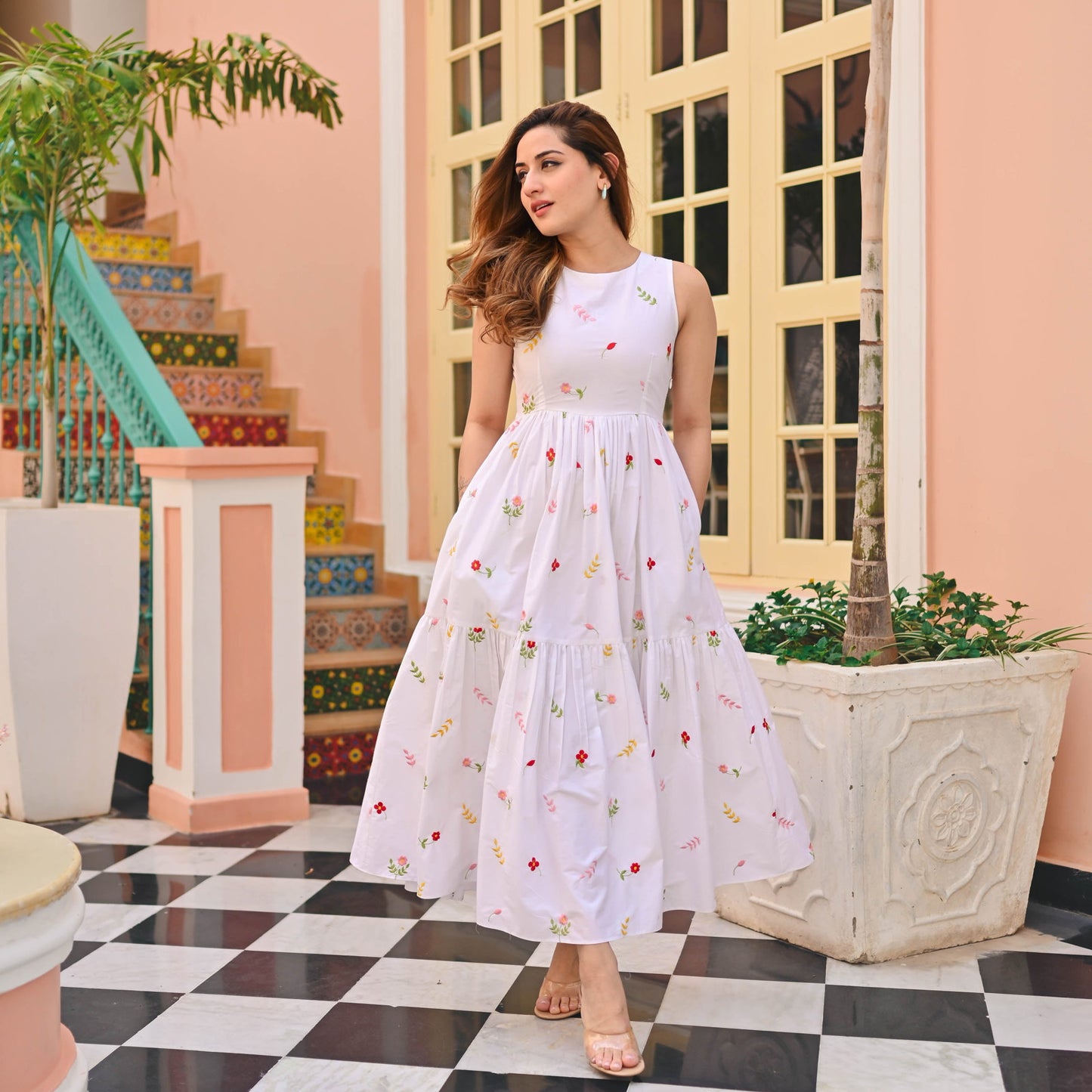 Model posing in Floral Print Flaired Gown with Round Flair, demonstrating the flattering fit.