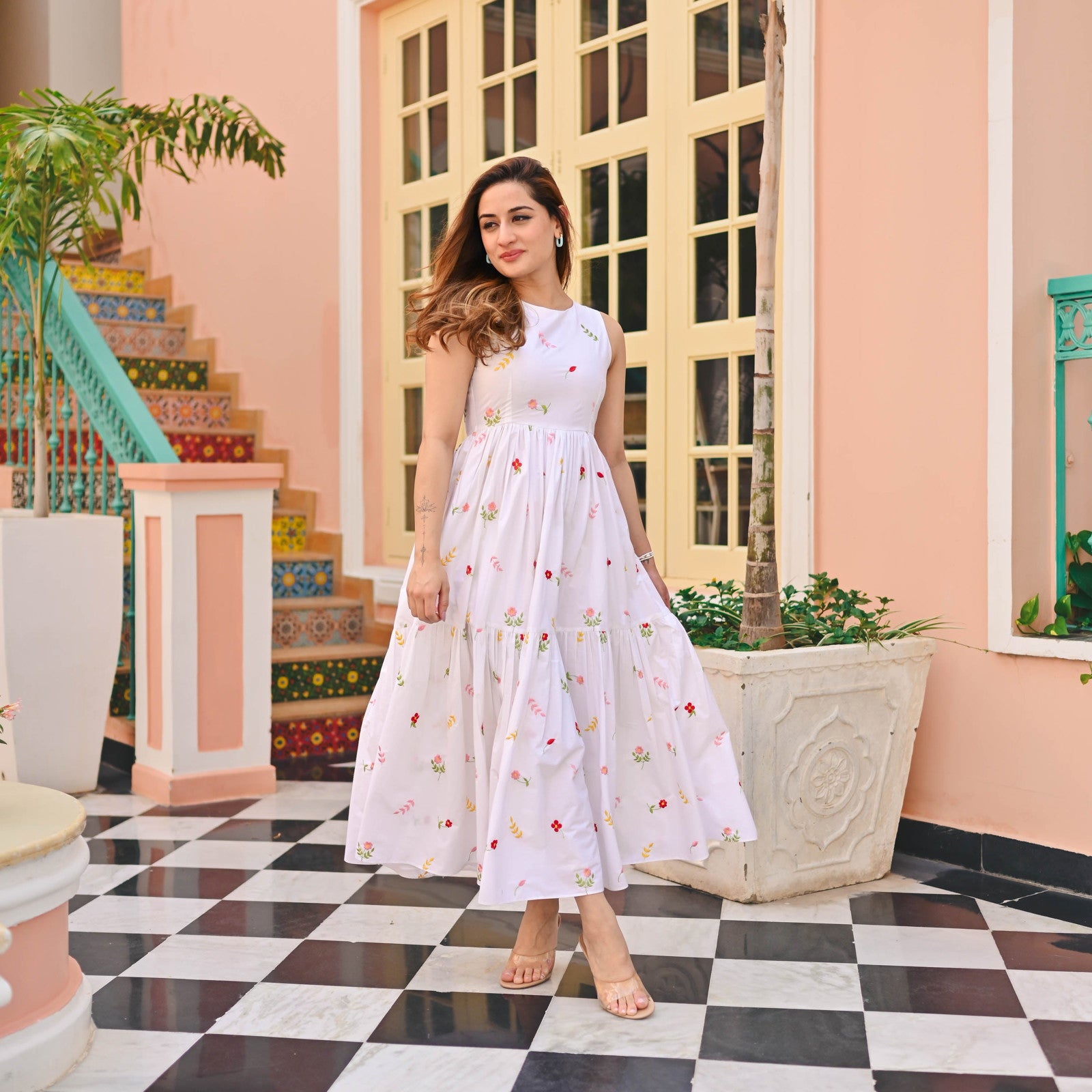 Model posing in Floral Print Flaired Gown with Round Flair, demonstrating the flattering fit.