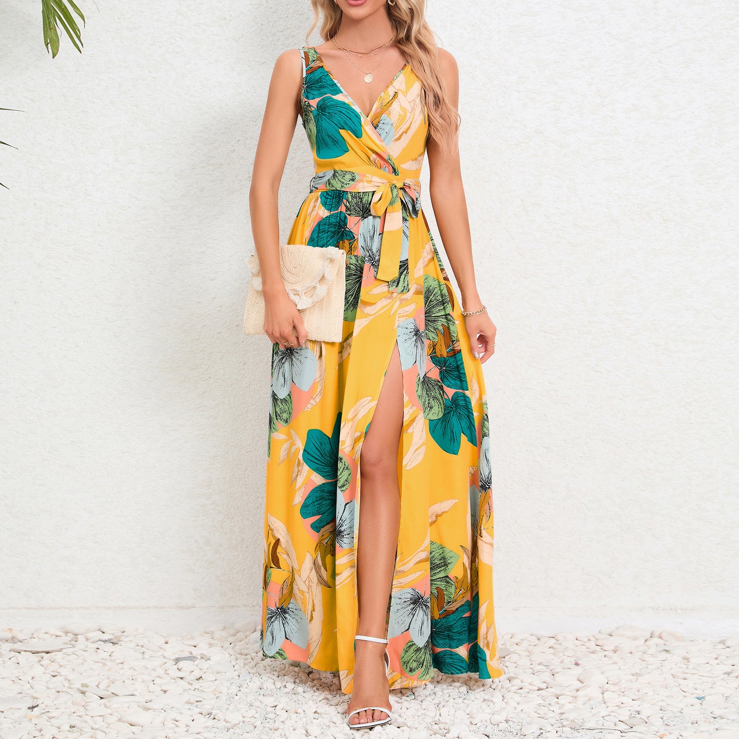 Sleeveless Summer Dress with V-Neck, Waist Tie, and Slit Detail Global Collection