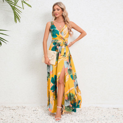 Sleeveless Summer Dress with V-Neck, Waist Tie, and Slit Detail Global Collection