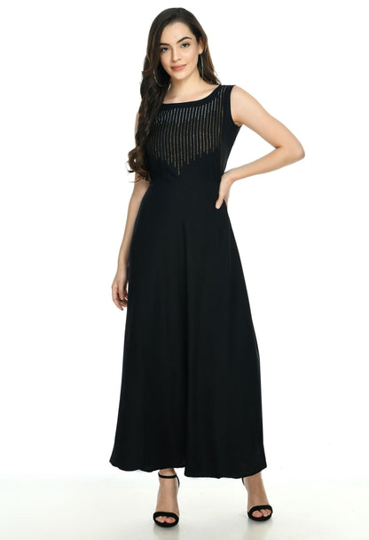 Oceanista Women's Crepe Embellished Partywear Black Maxi Dress