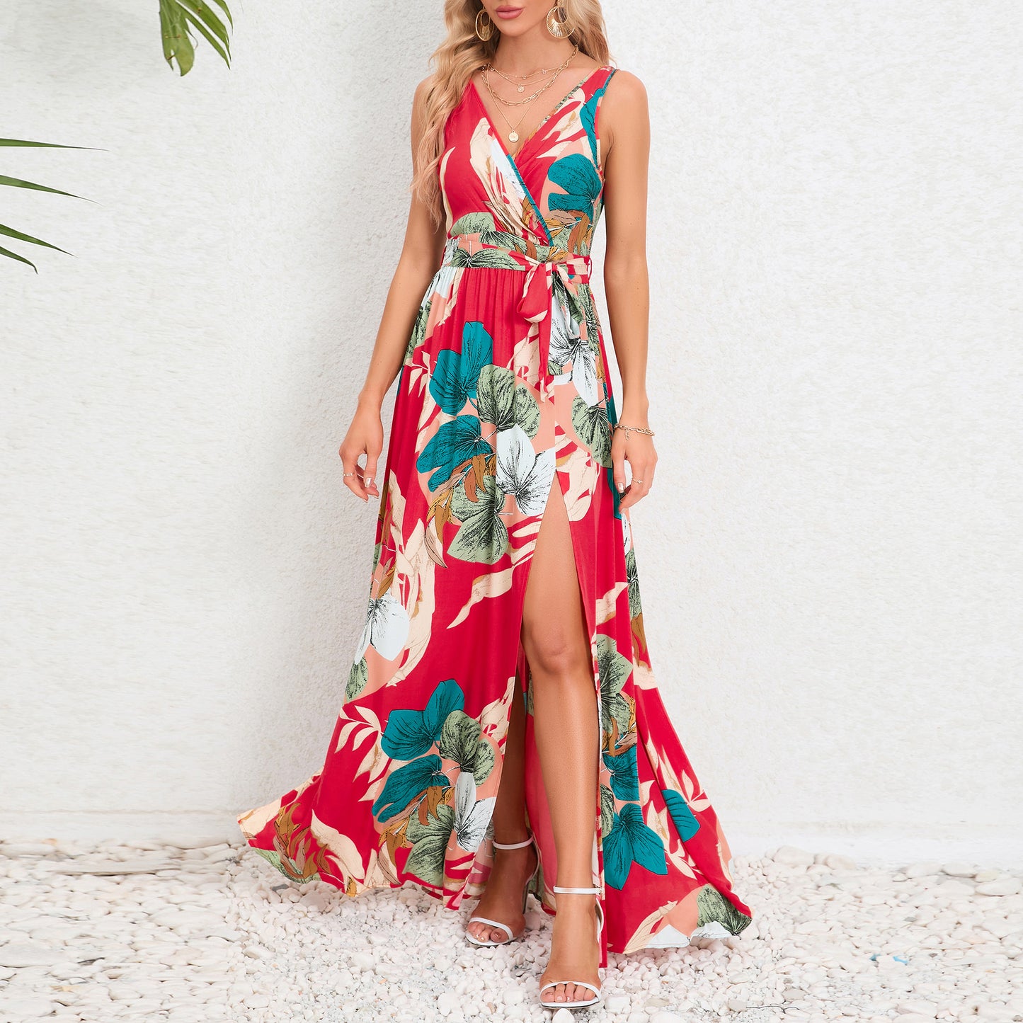 Sleeveless Summer Dress with V-Neck, Waist Tie, and Slit Detail Global Collection