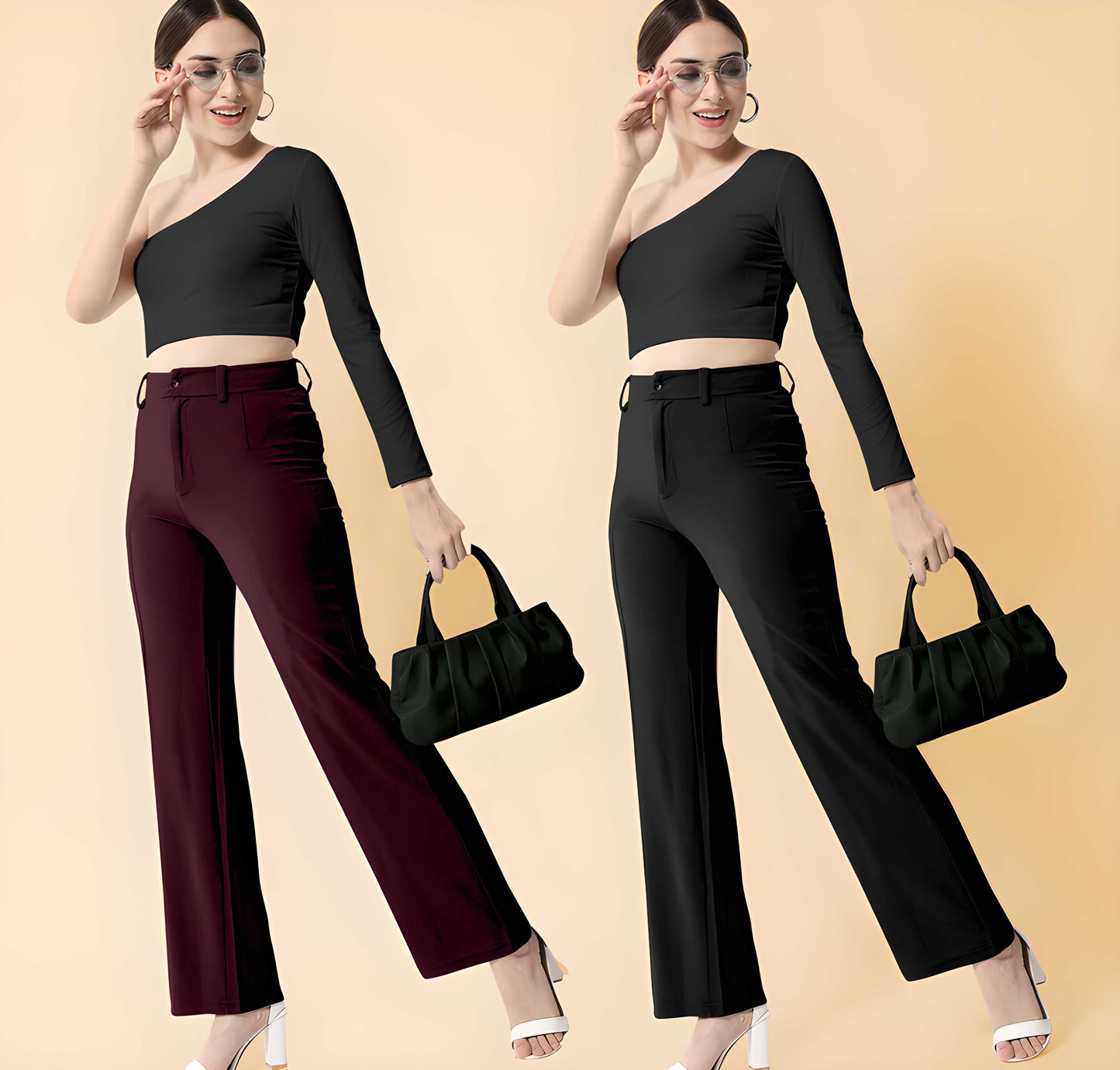 Elegant Wine & Black Lycra Solid Trousers Combo for Women