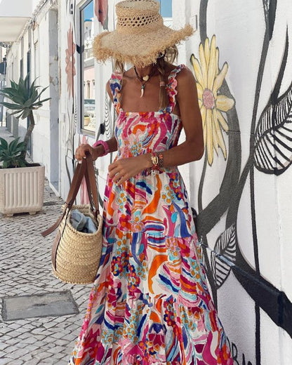 Vacation Vibes Printed Strap Big Swing Beach Dress KC Global