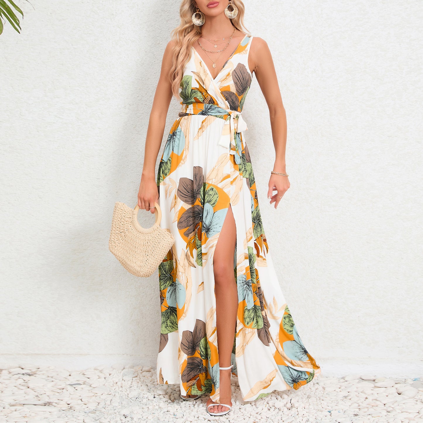 Sleeveless Summer Dress with V-Neck, Waist Tie, and Slit Detail Global Collection