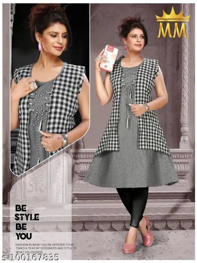 Cotton Checkered Kurti with Jacket for Women (Grey, XL)