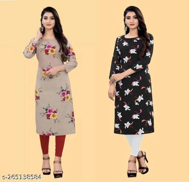 Crepe Printed Kurti for Women (Brown & Black, S) (Pack of 2)