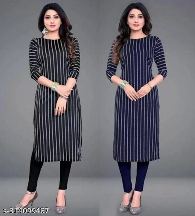 Crepe Striped Kurti for Women (Black & Blue, S) (Pack of 2)