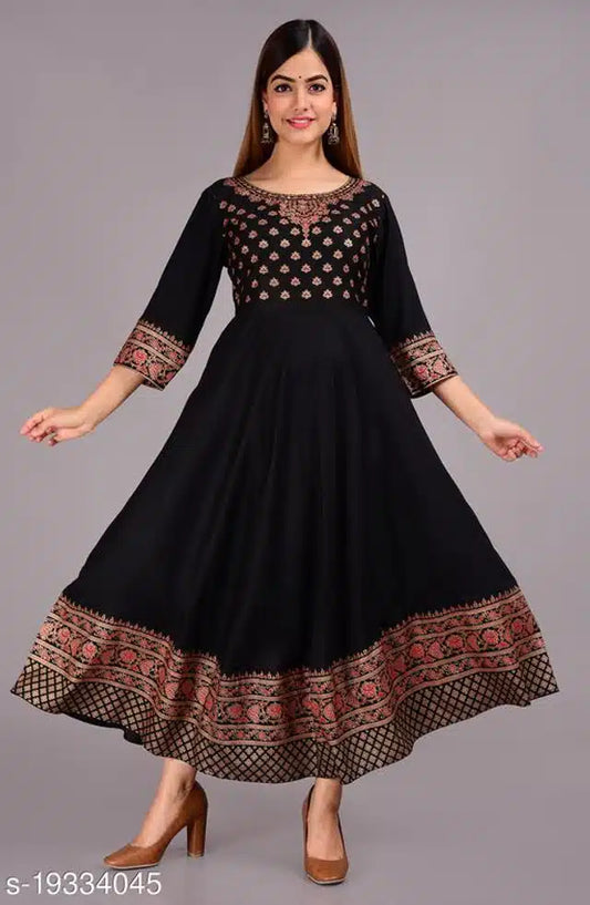 Rayon Printed Anarkali Kurti for Women (Black, S)