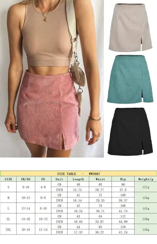 High Waist Corduroy Skirt Solid Split A-Line Skirt KC Global