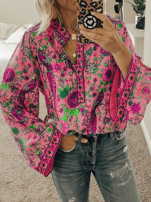 Women's Printed Loose Shirt Button Long Sleeve Shirt KC Global