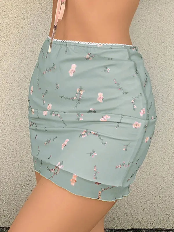 High Waist Printed Double Layer Slim wrap Hip Mesh Skirt