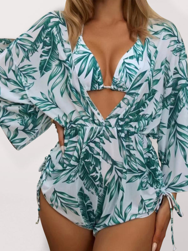 Women's Tropical Print Tie High Waist Bikini Three-Piece Set KC Global