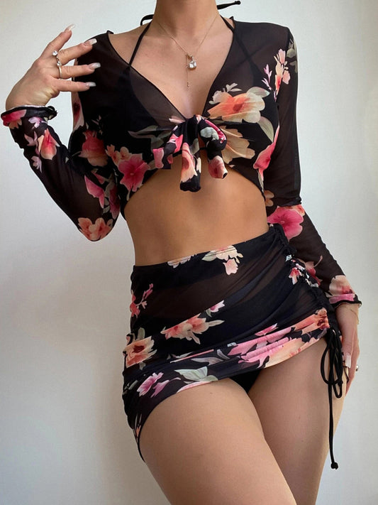 Women's Printed Drawstring Long-Sleeve Blouse Bikini Four-Piece Set KC Global