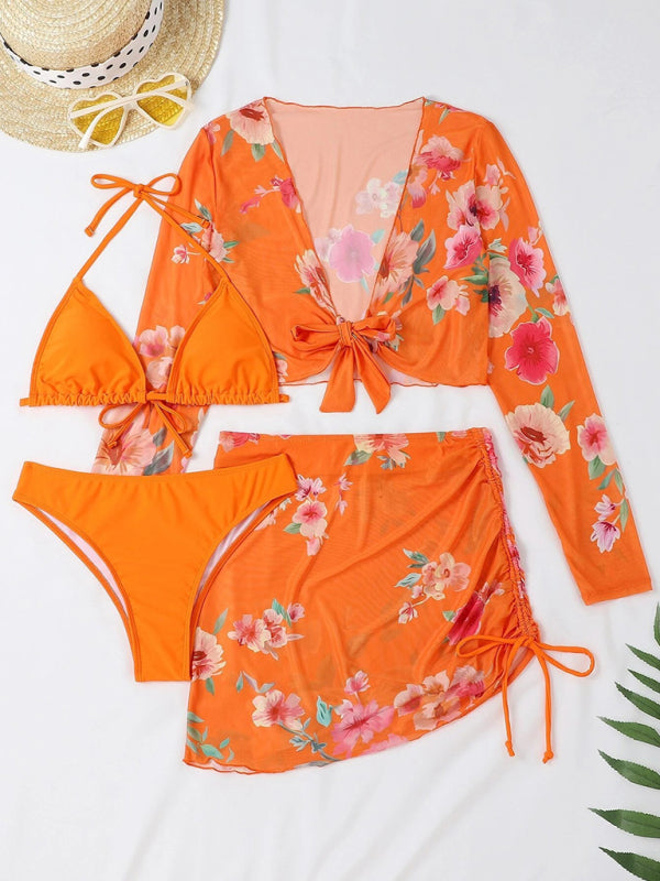 Women's Printed Drawstring Long-Sleeve Blouse Bikini Four-Piece Set KC Global