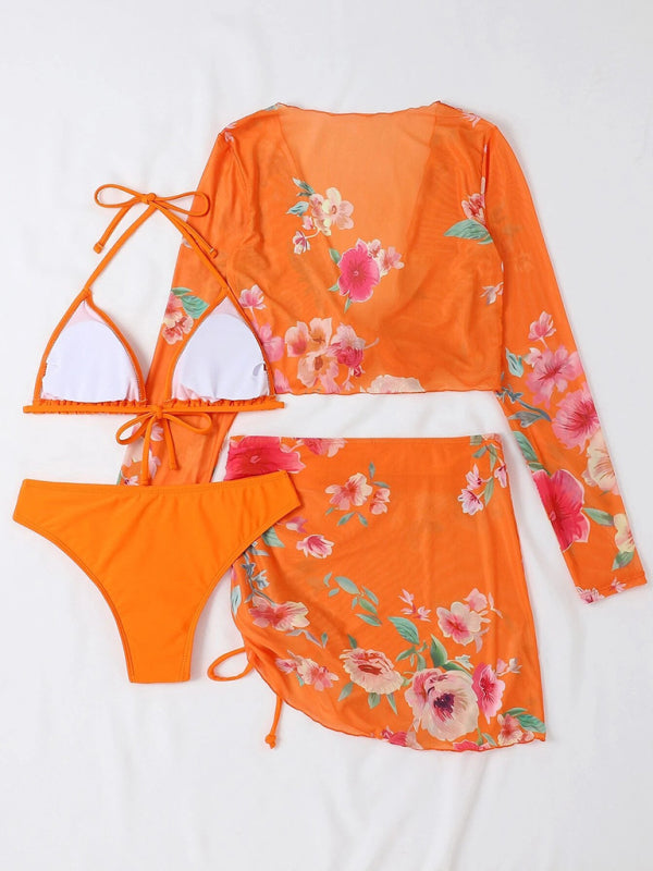 Women's Printed Drawstring Long-Sleeve Blouse Bikini Four-Piece Set KC Global