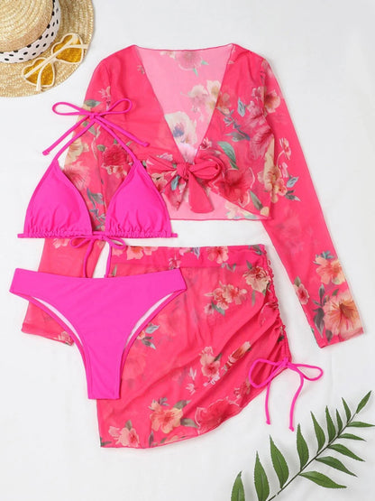 Women's Printed Drawstring Long-Sleeve Blouse Bikini Four-Piece Set KC Global