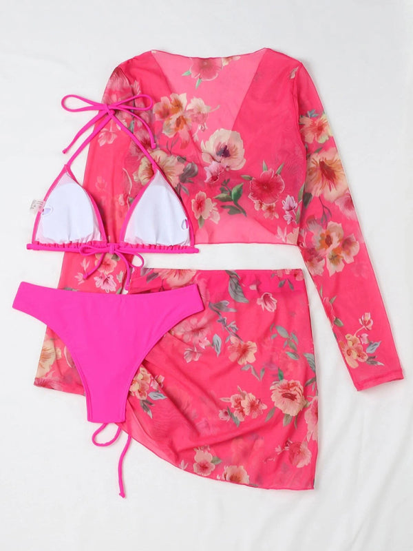 Women's Printed Drawstring Long-Sleeve Blouse Bikini Four-Piece Set KC Global