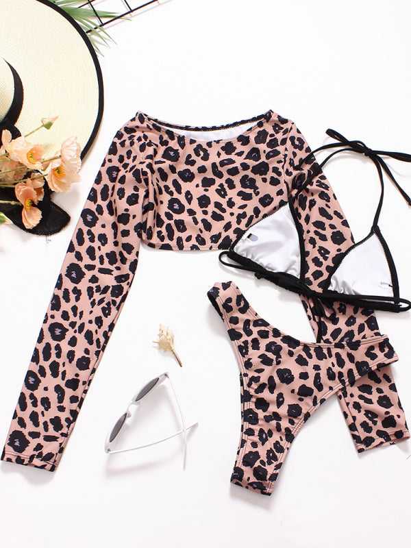 Women's sexy braided rope leopard print long-sleeved print split three-piece swimsuit KC Global