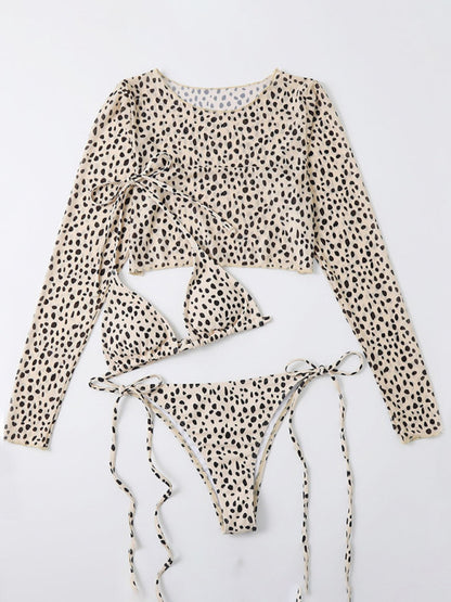 New swimwear long-sleeved mesh jacket ladies three-piece swimsuit leopard print sexy bikini KC Global