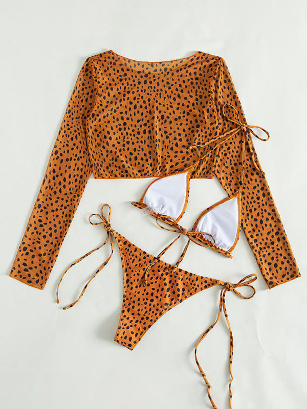 New swimwear long-sleeved mesh jacket ladies three-piece swimsuit leopard print sexy bikini KC Global