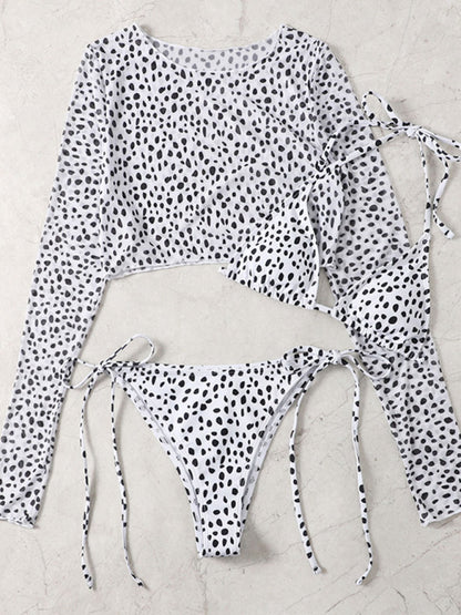 New swimwear long-sleeved mesh jacket ladies three-piece swimsuit leopard print sexy bikini KC Global