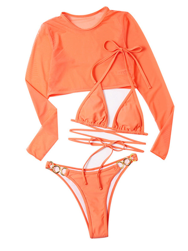 Women's swimsuit long-sleeved mesh jacket three-piece swimsuit solid color sexy bikini KC Global