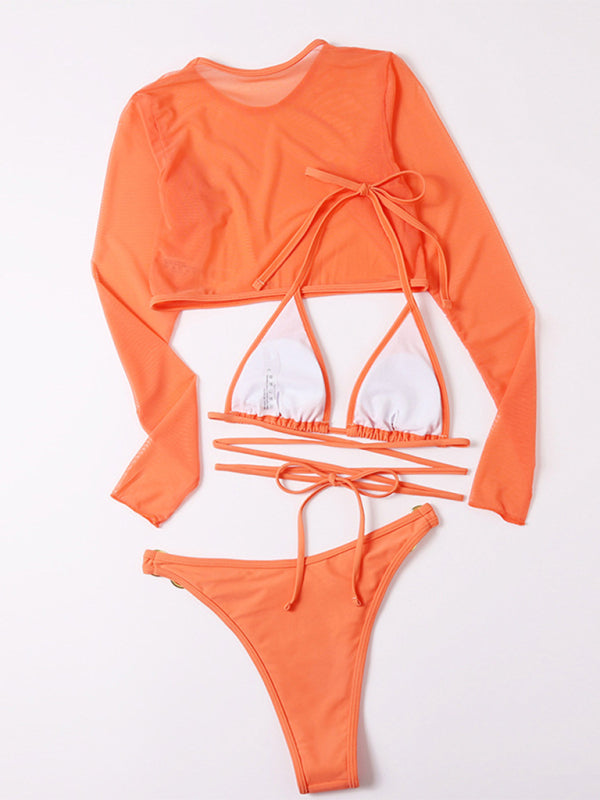 Women's swimsuit long-sleeved mesh jacket three-piece swimsuit solid color sexy bikini KC Global