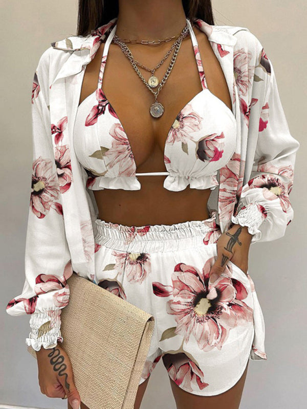 Sexy printed long-sleeved shirt and shorts three-piece suit kakaclo