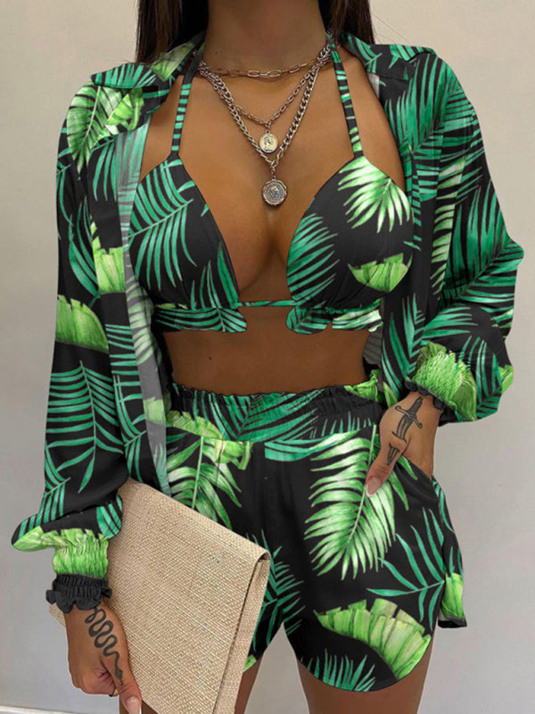 Sexy printed long-sleeved shirt and shorts three-piece suit kakaclo