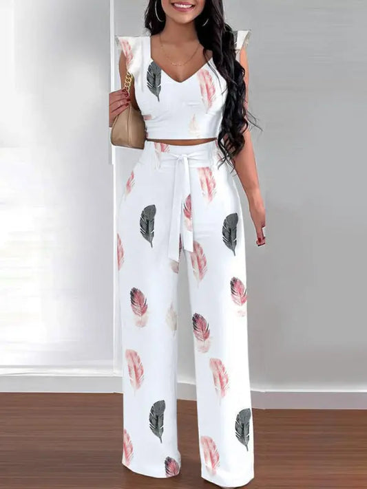 Women's Casual Fashion Feather Print Commuting Two-piece Co-Ord Set KC Global