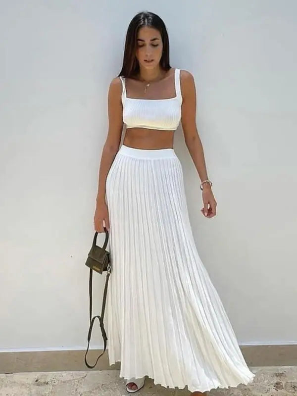 Knitted Camisole + Skirt Elegant Sleeveless Short Top Pleated Skirt Set